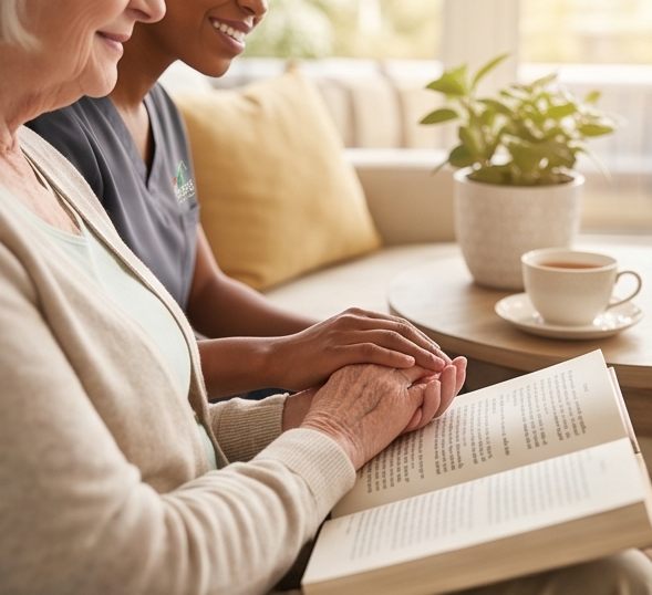 A close view of a caregiver's hand gently holding an older woman's hands over an open book at home