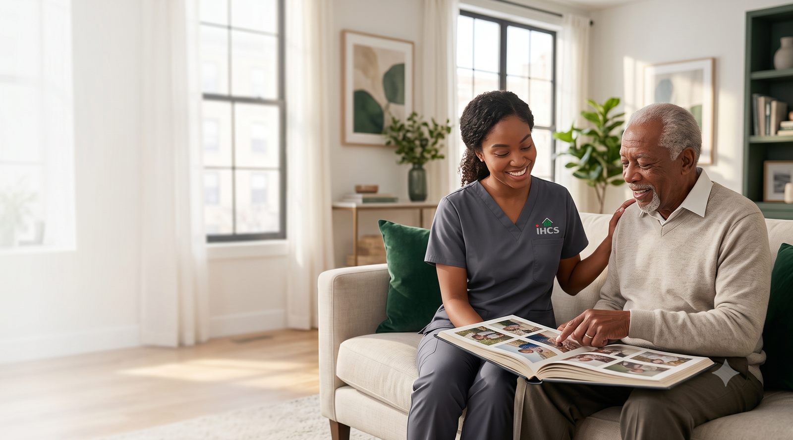 An IHCS caregiver in gray scrubs smiling with an older gentleman as they look through a photo album together on his living room sofa