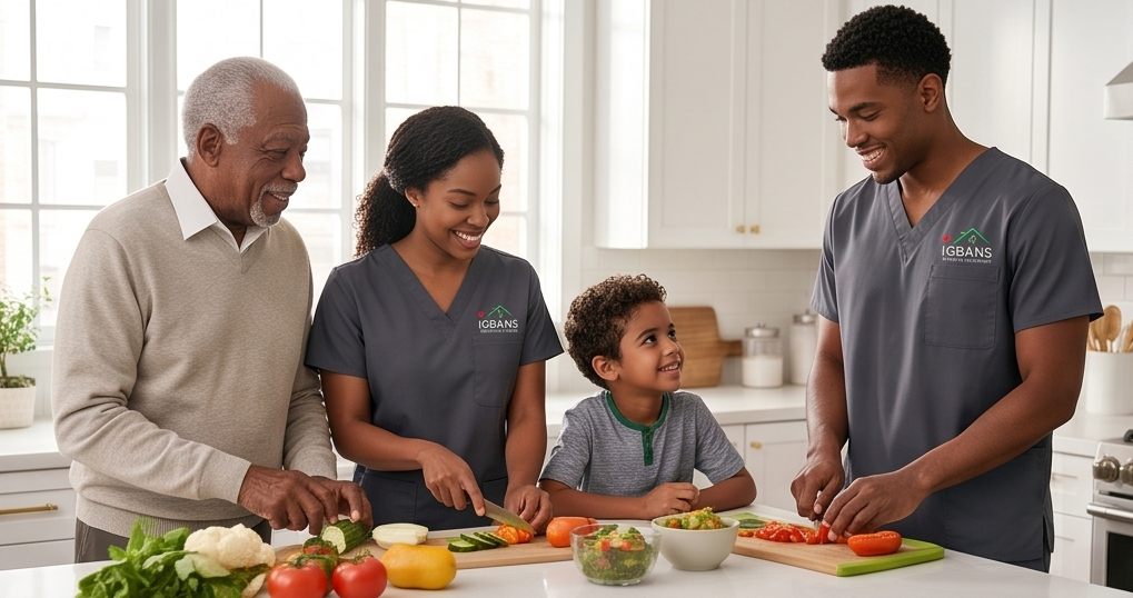 Two IHCS aides preparing a fresh vegetable meal in a client's kitchen alongside an older man and his grandson