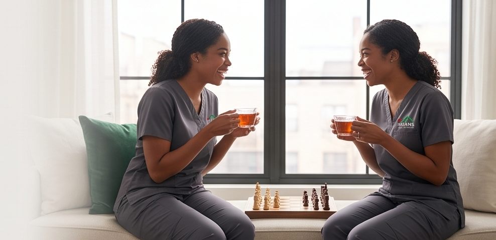 Two IHCS caregivers sharing tea by a window at a client's home, a chess board set up beside them