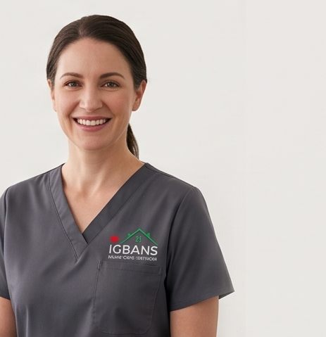 Portrait of an IHCS nurse in gray scrubs smiling in a sunlit room
