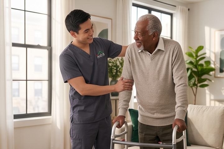 An IHCS aide steadying an older man by the arm as he stands with his walker in a bright living room